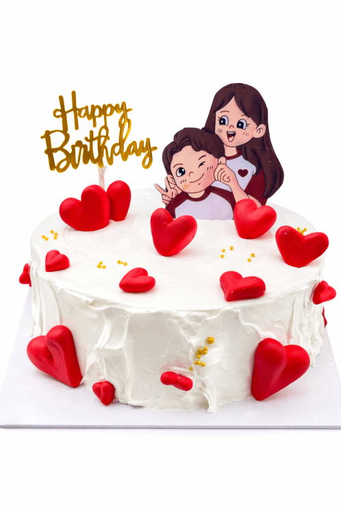 Romantic anniversary cake with red heart decorations and family topper
