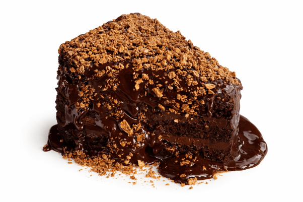 Rich fudgy Matilda chocolate cake slice with ganache